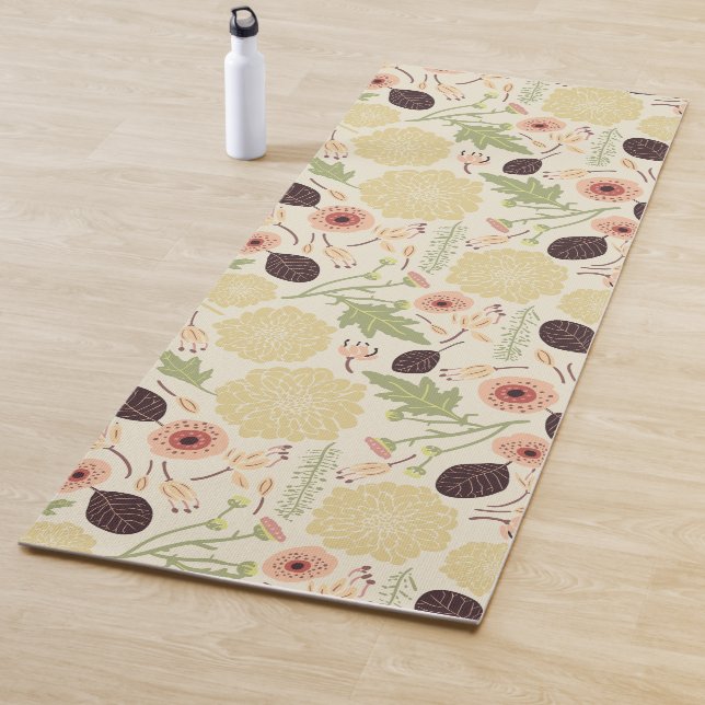 Playful Tossed Peach Cream Green Pattern Flowers  Yoga Mat (In Situ)
