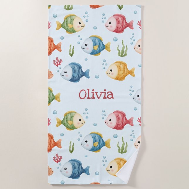 Playful Tropical Fish Pattern Beach Towel (Front)