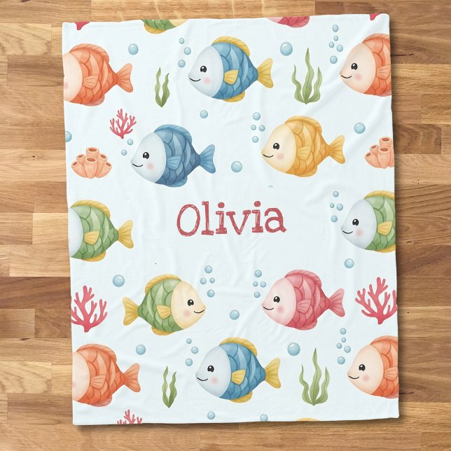 Playful Tropical Fish Pattern Personalized Fleece Blanket (Creator Uploaded)