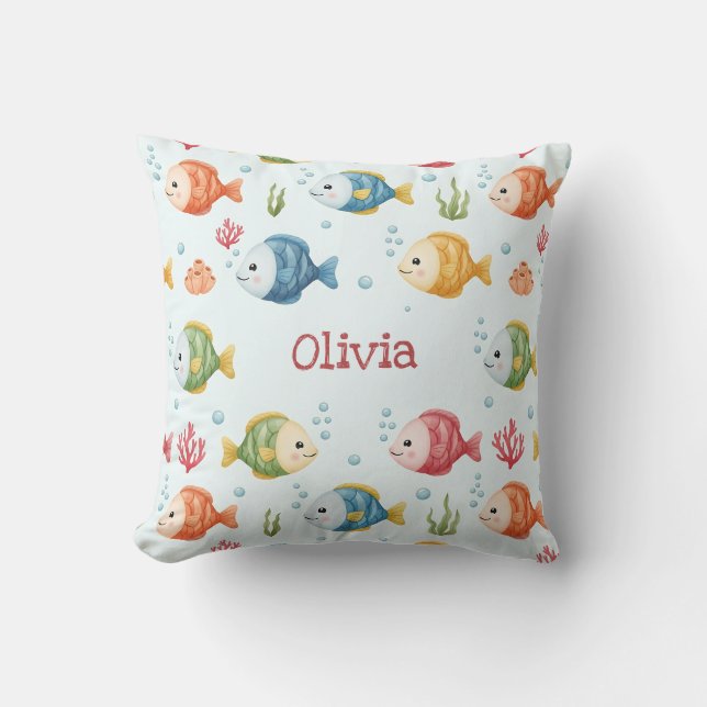 Playful Tropical Fish Pattern Personalized Throw Pillow (Front)