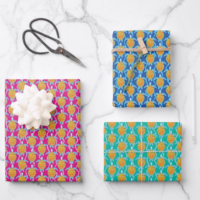 Playful Tropical Sea Turtle Pink Blue and Green Wrapping Paper Sheets (Front)