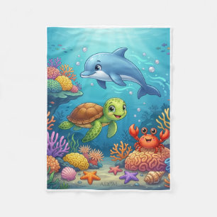 Playful Turtles And Dolphins In Colorful Underwate Fleece Blanket