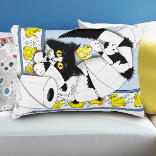 Playful Tuxedo Cat Toilet Paper Chaos Blue Yellow Accent Pillow