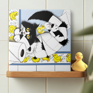 Playful Tuxedo Cat Toilet Paper Chaos Blue Yellow Ceramic Tile