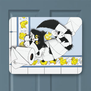Playful Tuxedo Cat Toilet Paper Chaos Blue Yellow Door Sign
