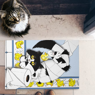 Playful Tuxedo Cat Toilet Paper Chaos Blue Yellow Doormat