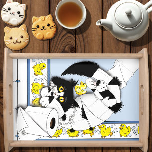 Playful Tuxedo Cat Toilet Paper Chaos Blue Yellow Serving Tray