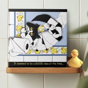Playful Tuxedo Cat Toilet Paper Chaos Blue Yellow Tile