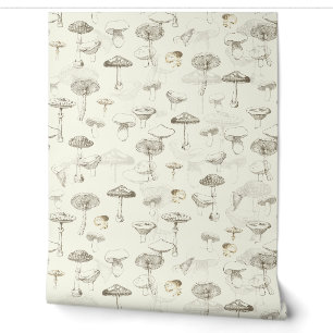 Playful Vintage Forest Beige Mushroom Pattern Wallpaper