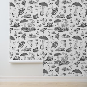 Playful Vintage Forest Mushrooms Frogs Black White Wallpaper