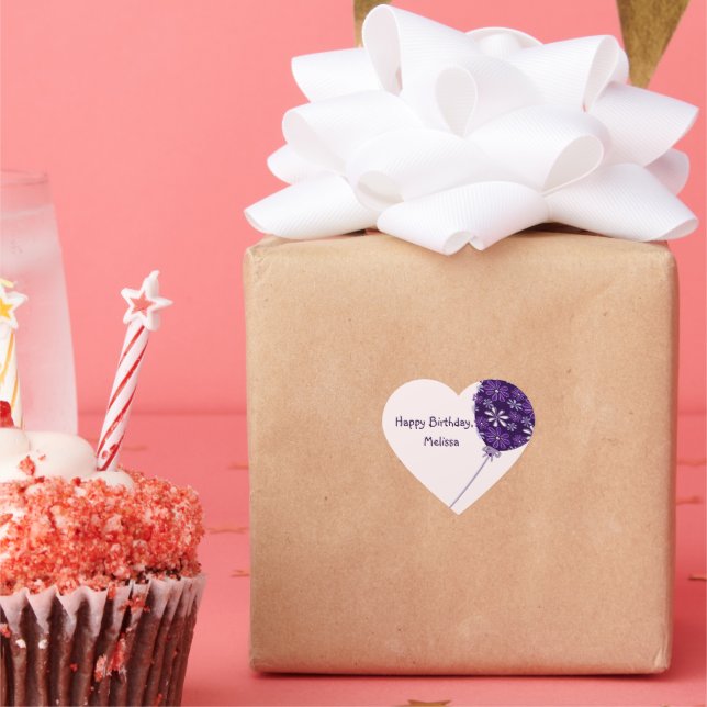 Playful Violet Blush Balloon Happy Birthday Heart Sticker (Party)