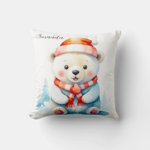 Playful Watercolor Christmas Polar Bear Throw Pillow