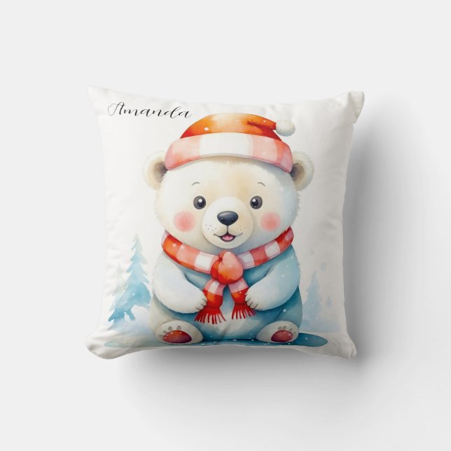Playful Watercolor Christmas Polar Bear Throw Pillow (Front)