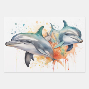 Playful Watercolor Dolphins and Coral Reef Wrapping Paper Sheets