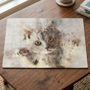 Playful Watercolor Kitten with Bright Amber Eyes Jigsaw Puzzle