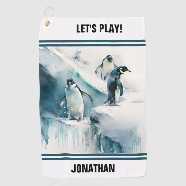 Playful Watercolor Penguins Golf Towel (Front)