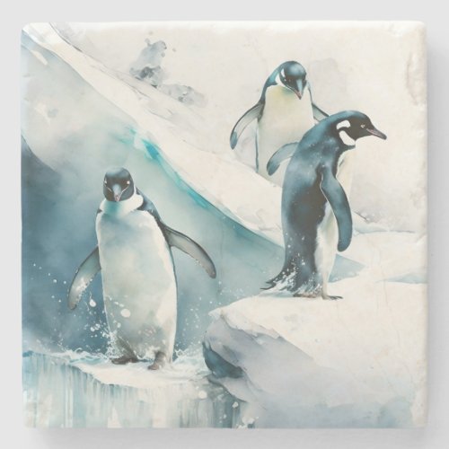 Playful Watercolor Penguins Stone Coaster