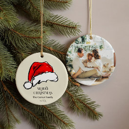 Playful Watercolor Red Santa Hat Family Photo Ceramic Ornament