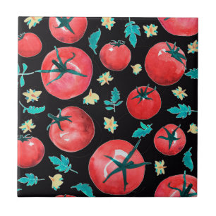 Playful Watercolor Red Tomatoes Pattern on black Ceramic Tile