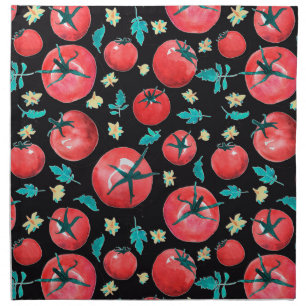 Playful Watercolor Red Tomatoes Pattern on black Cloth Napkin