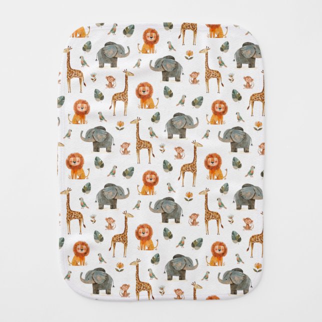 Playful Watercolor Safari Animals Burp Cloth (v.2) (Front)