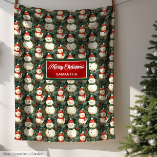 Playful Watercolor Snowman Deep Sage Green Red Fleece Blanket