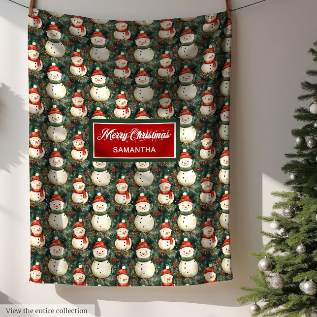 Playful Watercolor Snowman Deep Sage Green Red Fleece Blanket (Playful Watercolor Snowman Deep Sage Green Red Fleece Blanket)