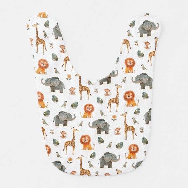 Playful Watercolour Safari Animals Baby Bib (v.2) (Front)