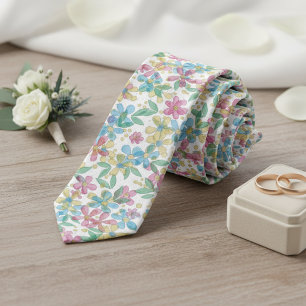 Playful Wedding Necktie With Retro Floral Pattern