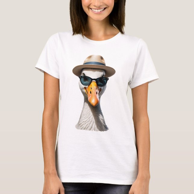 Playful whimsical goose wearing sunglasses hat T-Shirt (Front)