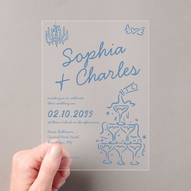 Playful Whimsical Hand Drawn Illustration Wedding Acrylic Invitations (Insitu (Handheld))