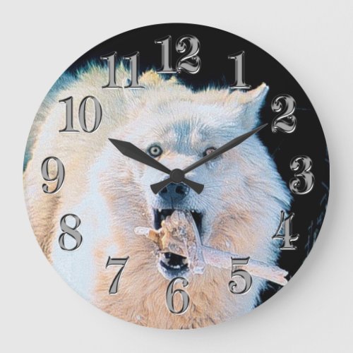 Playful White Arctic Wolf Photo Art Portrait Large Clock
