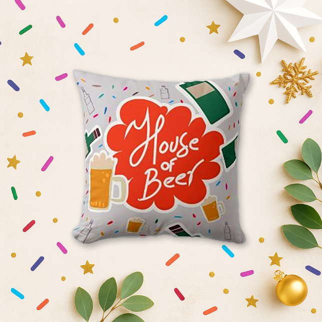 Playful White Beer Mug Confetti Design Throw Pillow (Creator Uploaded)
