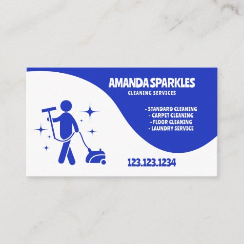 Playful White  Blue Stick Figure Vacuum Cleaning Business Card