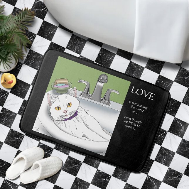 Playful White Cat Bathroom Sink Humor Bath Mat (Creator Uploaded)