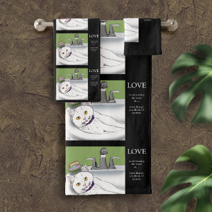 Playful White Cat Bathroom Sink Humor Bath Towel Set