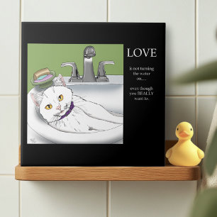 Playful White Cat Bathroom Sink Humor Ceramic Tile