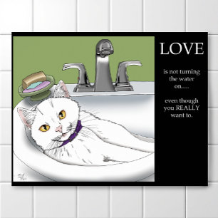 Playful White Cat Bathroom Sink Humor Poster