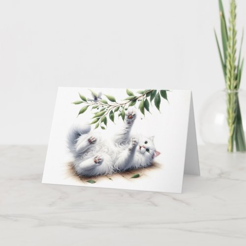 Playful White Cat For Birthday Card