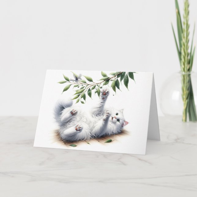 Playful White Cat For Birthday Card (Front)