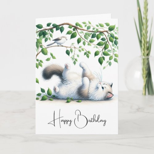 Playful White Cat with Bird Birthday Card