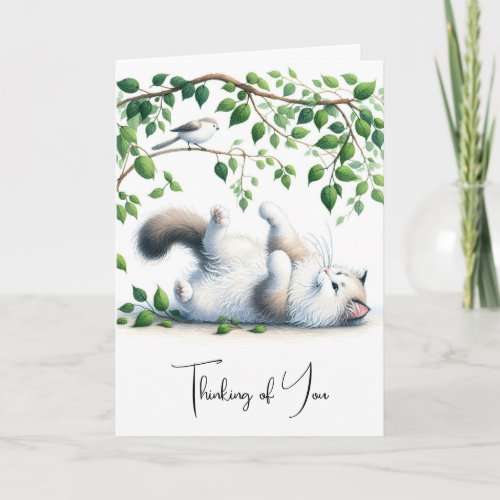 Playful White Cat with Bird for Thinking of You Card