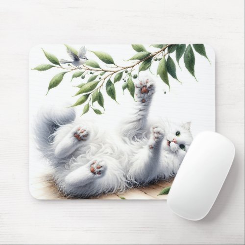 Playful White Cat With Tree Branch Mouse Pad
