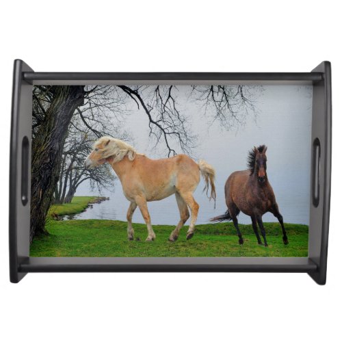 Playful Wild Horses Horse_lover Nature Photo Serving Tray