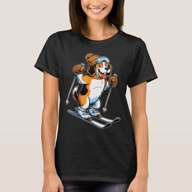 Playful winter beagle with skiing  T-Shirt (Front)