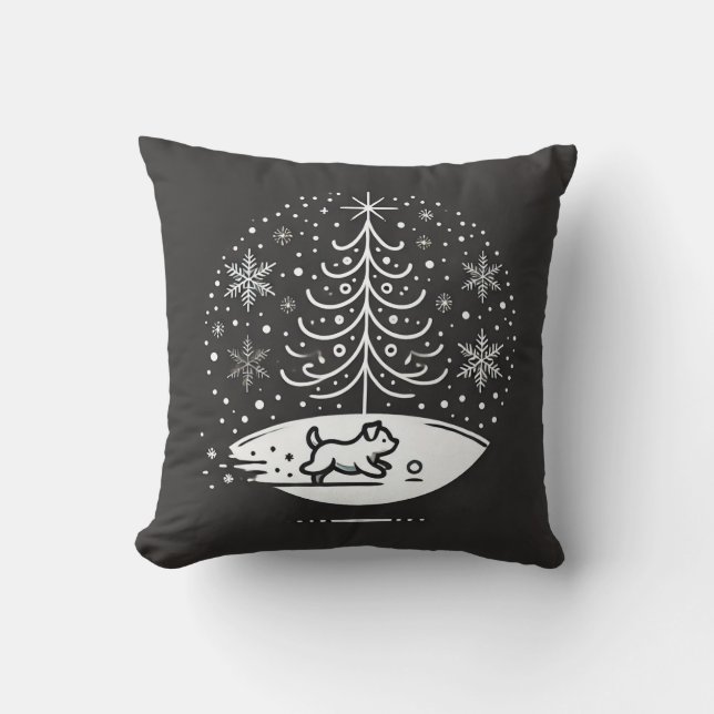 Playful Winter Scene – Minimalist Tree and Puppy D Throw Pillow (Front)
