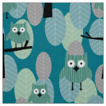 Playful Woodland Retro Owl Pattern Teal Gray Green Fabric
