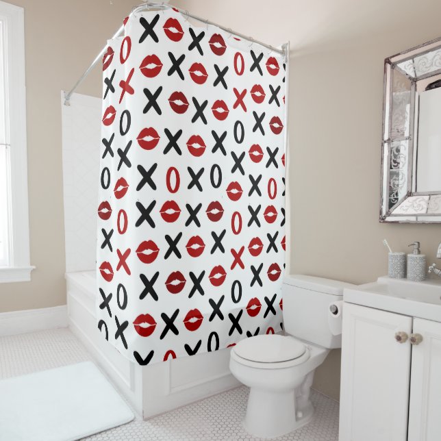 Playful XO & Red Lips Modern Love Pattern Shower Curtain (In Situ)