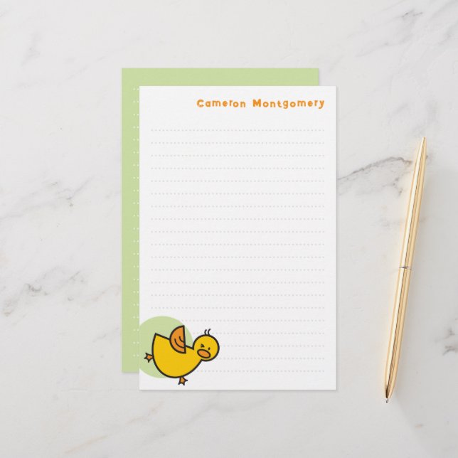 Playful Yellow Baby Duck Green Dot Kid's Thank You Stationery (Front/Back In Situ)