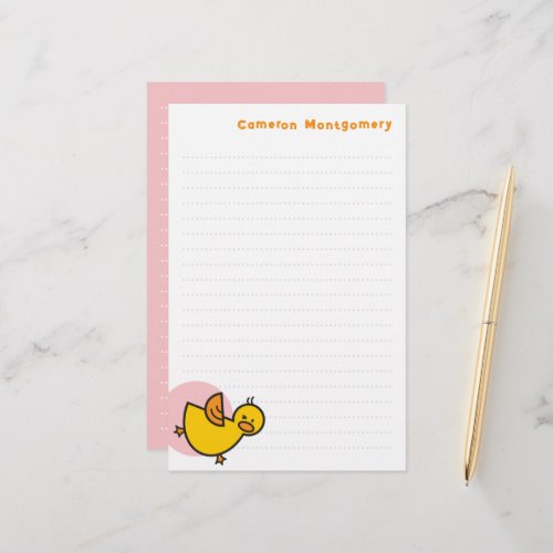 Playful Yellow Baby Duck Pink Dot Kids Thank You Stationery